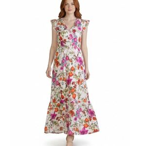 ANNE KLEIN Womens 14 Maxi‎ Dress Floral Print Cottagecore Flutter Sleeve V Neck